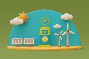Alternative source of electricity concept,Electric car charging station with wind turbines and solar panels,eco friendly,clean energy,3d rendering. photo