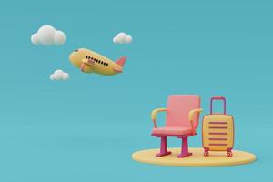 3d render of suitcases in airport terminal waiting area with airplane,Online travel and tourism planning concept. photo