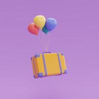 Suitcase with colorful balloons float isolated on purple background,Tourism and travel sale concept,holiday vacation,Time to travel,3d rendering photo
