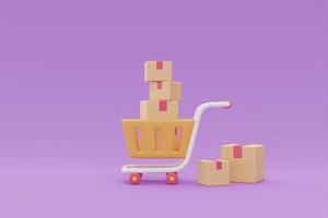Shopping cart with parcel boxes, Flash sale promotions concept on purple background, 3d rendering. photo