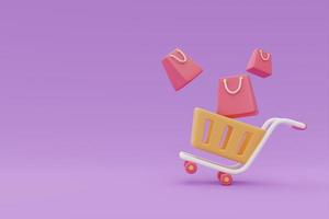 carrito de compras con bolsas, concepto de promociones de venta flash sobre fondo púrpura, renderizado 3d. foto