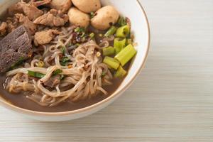 Thai noodle with pork, stewed pork, meatball and pork liver in blood soup photo