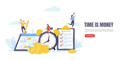 Time is money or saving money business concept. Tiny people working with clock, calendar schedule and checklist symbol. vector