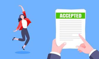 Job or university acceptance letter with envelope and paper sheets document email. vector