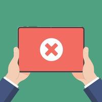 Hand holding black tablet PC device isolated on background. Pad computer on human's hands with check mark cross x NO in the circle and index finger pointed touch flat design vector illustration