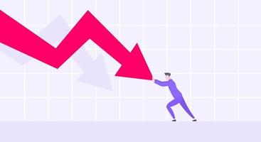 Recession loss and business bankruptcy concept. Young adult man pushed red crisis arrow downturn vector