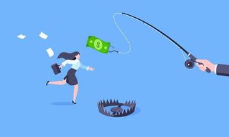 Fishing money chase business concept with businesswoman running after dangling dollar and trying to catch it. vector