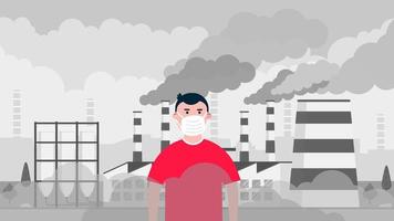 Confused kid boy in the mask against smog. Fine dust, air pollution, industrial smog protection concept flat style design vector illustration. Industrial plant pipes with huge clouds of smoke behind.