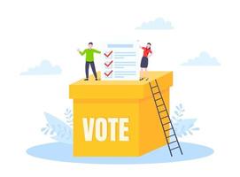 Ilustración de vector de diseño de estilo plano de concepto de votación en línea. gente pequeña con encuesta de votación en línea trabajando juntos.