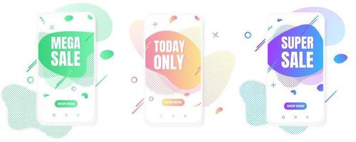 3 Modern vertical mobile liquid abstract shape gradient memphis style design fluid vector colorful illustration set banners for app, presentation, sale, brochure isolated on white background.