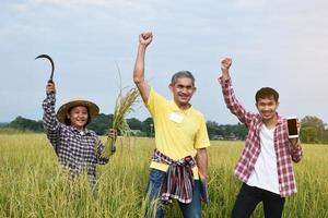 tres agricultores asiáticos están parados en el campo de arroz y levantando la mano para felicitar y regocijarse por la finalización exitosa de la encuesta de cultivo de arroz y el almacenamiento de datos mediante el uso de teléfonos móviles. foto