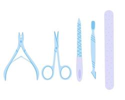 Manicure tools, manicure scissors, nippers, nail files, pusher. Illustration for printing, backgrounds, covers, packaging, greeting cards, posters and stickers. Isolated on white background. vector