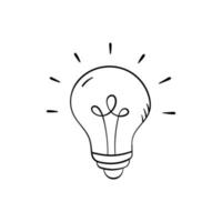 Bulb ligh in doodle style, vector illustration. Hand drawn idea icon, isolated element on white background. Lightbulb graphic symbol  for print and design