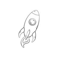 Rocket in doodle style, vector illustration. Icon space for print and design. Sketch spaceship hand drawn, isolated element on a white background. Concept symbol to launch startup and creative idea