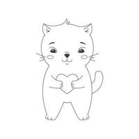 gato lindo sosteniendo un corazón, ilustración vectorial. gatito gracioso en estilo garabato para impresión y diseño. elemento aislado sobre fondo blanco. tarjeta de felicitación del día de san valentín, mascota de carácter feliz vector