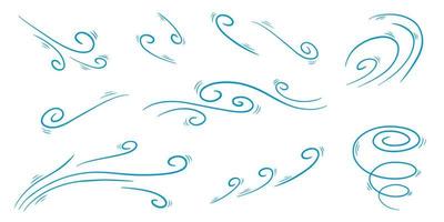 Wind blow set in doodle style, vector illustration. Wave cold air during windy weather. Gust symbol outline for print and design. Isolated black line element on a white background
