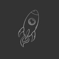 Rocket in doodle style, vector illustration. Icon space for print and design. Sketch spaceship hand drawn, isolated element on a black background. Concept symbol to launch startup and creative idea