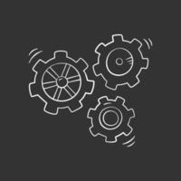 Cog gear in doodle style, vector illustration. Hand drawn cogwheel icon, isolated element on a black background. Mechanism graphic symbol for print and design. Concept teamwork, business and idea