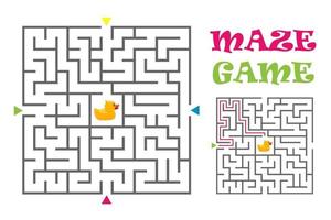 Square maze labyrinth game for kids with rubber duck. Logic conundrum. Four entrance and one right way to go. Vector. vector