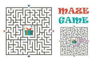 Square maze labyrinth game for kids. Logic conundrum. Four entrance and one right way to go. Vector illustration isolated on white background.