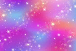 Fantasy background. Bright multicolored sky with stars and bokeh. Holographic illustration in violet and pink colors. Cute cartoon girly wallpaper. Vector.