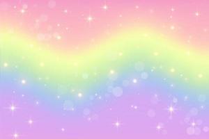 Rainbow unicorn fantasy wavy background with bokeh and stars. Holographic illustration in pastel colors. Bright multicolored sky. Vector