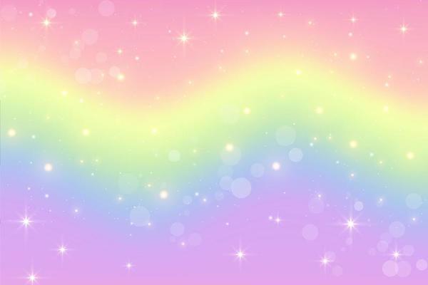 Rainbow unicorn fantasy wavy background with bokeh and stars. Holographic illustration in pastel colors. Bright multicolored sky. Vector