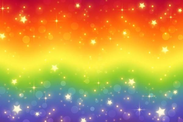 Rainbow fantasy background. Holographic wavy illustration. Bright multicolored sky with stars and bokeh. Vector.