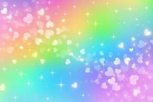 Rainbow unicorn fantasy background with wave of hearts. Holographic bright multicolored sky and stars. Vector. vector