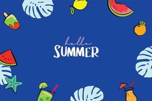 Hello summer banners design hand drawn style. Summer with doodles and objects elements for beach party background. vector