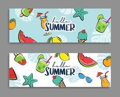 Hello summer banners design hand drawn style. Summer with doodles and objects elements for beach party background. vector