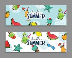 hola diseño de banners de verano estilo dibujado a mano. verano con garabatos y elementos de objetos para el fondo de la fiesta en la playa. vector