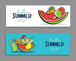 Hello summer banners design hand drawn style. Summer with doodles and objects elements for beach party background. vector