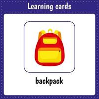 Learning cards for kids. Backpack.Preschool activity for children. vector