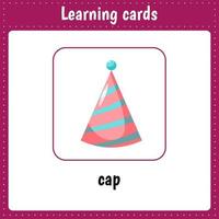 tarjetas de aprendizaje para niños. gorra. actividad preescolar para niños. vector