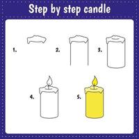 Educational worksheet for kids. Step by step drawing illustration. Candle. vector