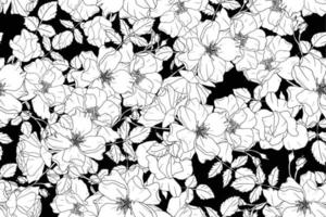 monochrome black and white doodle line art rose flower bouquet repeat seamless pattern vector