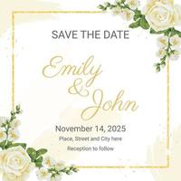 watercolor white roses bouquet with golden luxury square frame wedding invitation card template