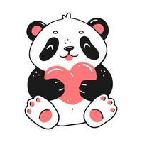 Cute sitting happy panda with a heart in cartoon linear style. Vector isolated illustration.