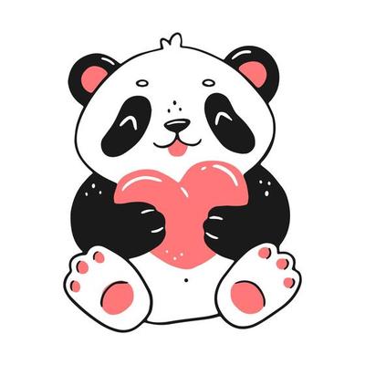 Cute sitting happy panda with a heart in cartoon linear