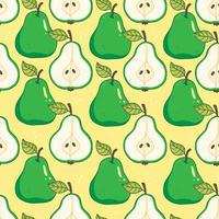 Seamless pattern with green pears with leaves. Vector fruit food illustration background.