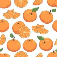 Seamless pattern with whole oranges and slices on a white background. Vector fruit illustration background.