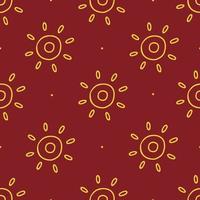 Hand drawn boho seamless pattern with gold sun symbol on red background. Vector illustration background.