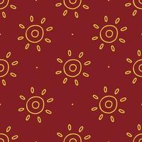 Hand drawn boho seamless pattern with gold sun symbol on red background. Vector illustration background.