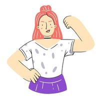 A happy confident girl in a cartoon flat style. A woman shows strength. A strong woman. Female power. Vector isolated illustration.