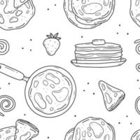 Seamless black and white pattern with pancakes and strawberries. Pancake day, Maslenitsa. Vector illustration background.