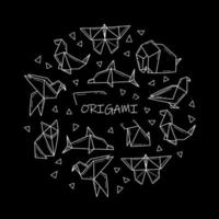 animales de origami en forma de círculo al estilo garabato. ilustración vectorial aislada en un fondo negro. vector