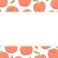 Horizontal cute frame with different peaches and leaves. Vector illustration template.