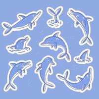 Stickers with cute dolphin characters. A sticker template with cartoon animals. Vector animal illustration.