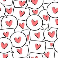 Seamless pattern with speech bubbles with hearts in a linear doodle style. Vector illustration background.